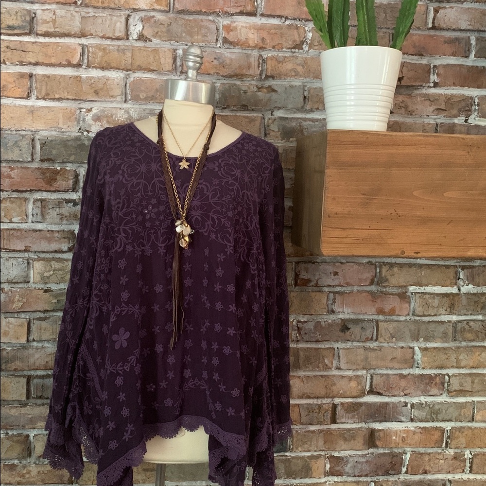 Johnny Was Embroidered Purple Tunic V-Neck Top - Sz Small